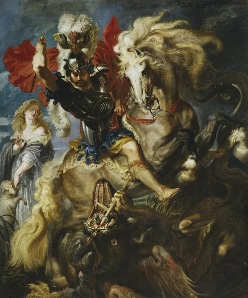«Святой Георгий и дракон», 1606–1608, Питер Пауль Рубенс. Холст, масло; 309 см на 257 см. Национальный музей Прадо, Мадрид. (Public Domain)