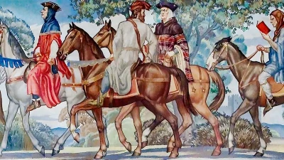 Фреска 1939 года, изображающая паломничество из «Кентерберийских рассказов». Библиотека Конгресса США, здание Джона Адамса, Вашингтон. (Library of Congress)  