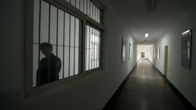 Охранник смотрит в окно коридора в центре содержания под стражей в Пекине, 25 октября 2012 года. (Ed Jones/AFP via Getty Images)