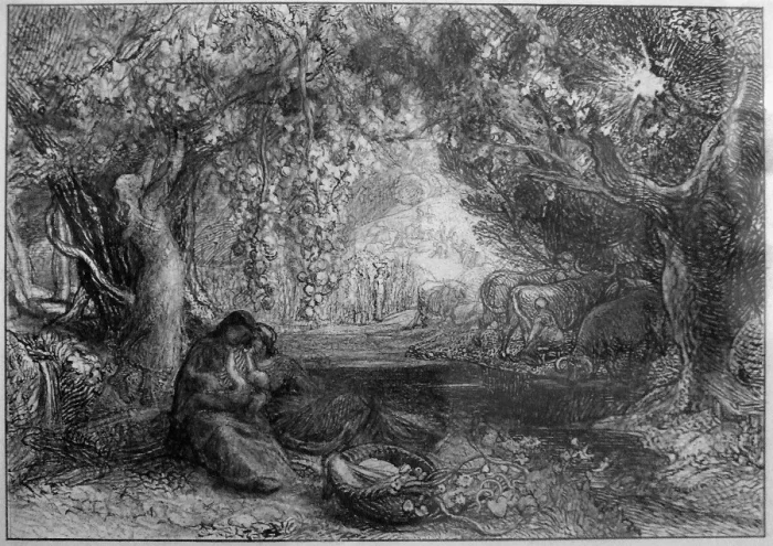 «Эклога IV: Колыбель твоя оживает». Сэмюэл Палмер, 1876 год. Чёрно-белый пейзажный этюд карандашом. (CC BY 2.5)