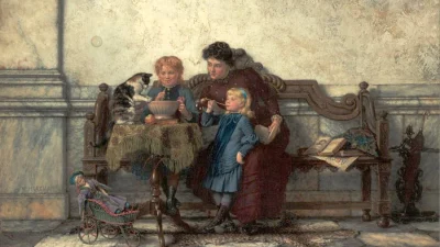 «Выдувание мыльных пузырей», 1885, Питер Хааксман. Масло, панель, 23 см на 30 см. Роттердам, Нидерланды. (Public Domain)
