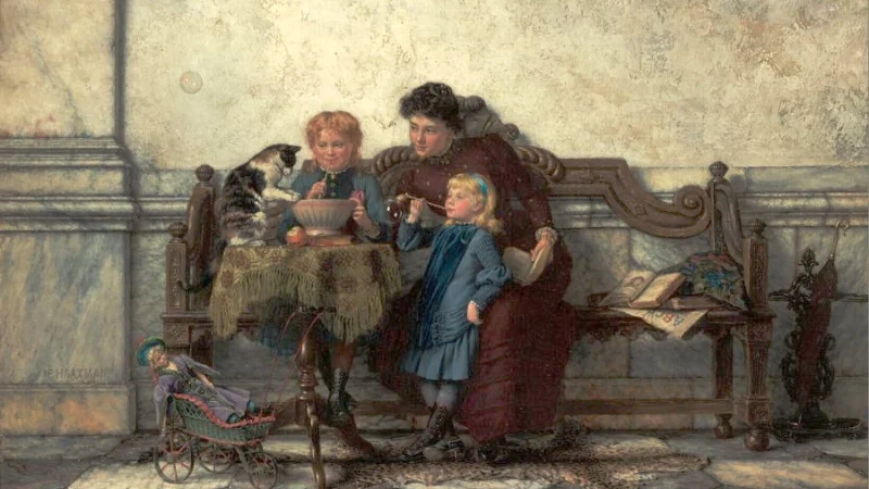 «Выдувание мыльных пузырей», 1885, Питер Хааксман. Масло, панель, 23 см на 30 см. Роттердам, Нидерланды. (Public Domain)
