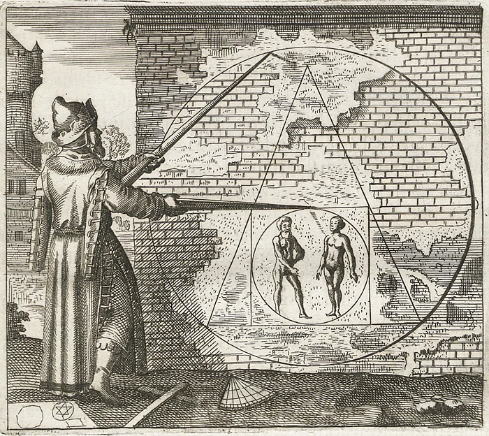 «Символ 21» из «Книги алхимических символов» Михаэля Майера (1617). Демонстрирует, как получить «философский камень», нарисовав круг, квадрат, треугольник и ещё один внешний круг. (Михаэль Майер и Иоганн Теодор де Бри/Public domain)