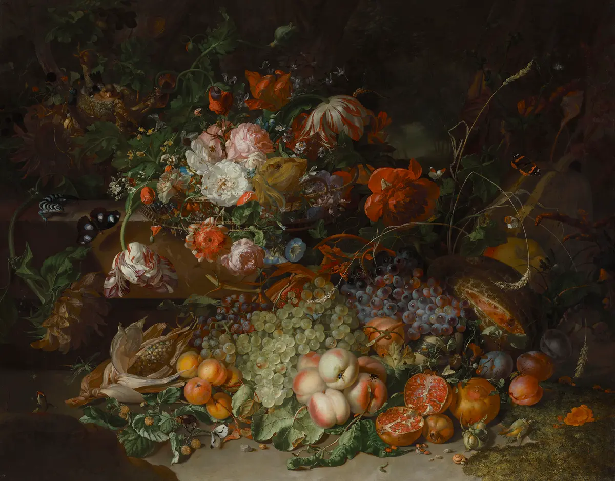 «Натюрморт с фруктами и цветами», 1714 год, Рашель Рюйш. Масло, холст; 97 см на 123 см. (Предоставлено Museum of Fine Arts, Boston)