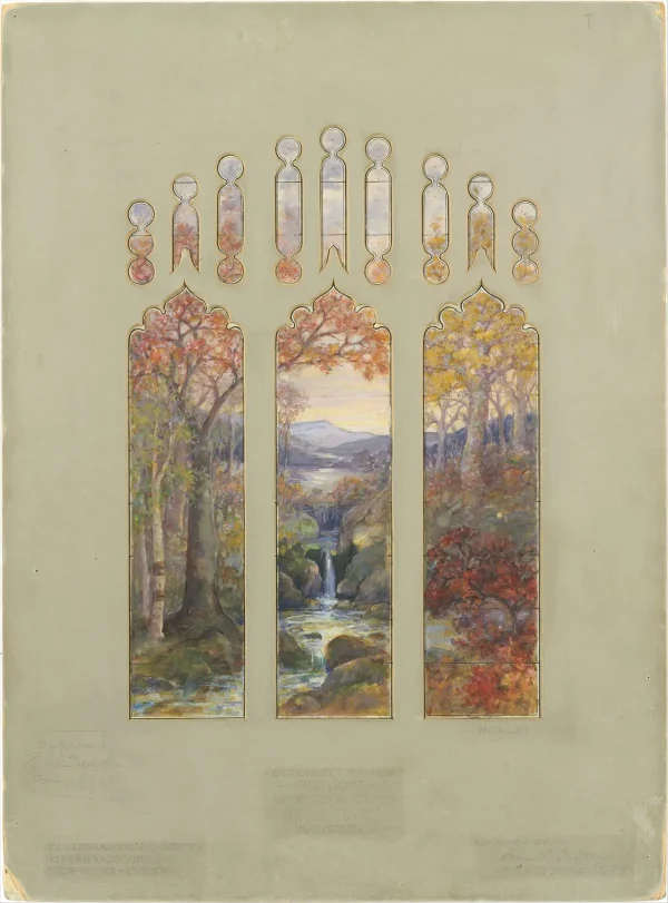Эскиз витража «Осенний пейзаж», 1923 год, приписывается Агнес Ф. Нортроп и одобрен Луисом К. Тиффани. Акварель, гуашь, тушь и графит; 46 см на 34 см. Музей Метрополитен, Нью-Йорк. (Public Domain)