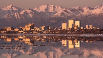 Skyline of Anchorage Alaska during low tide