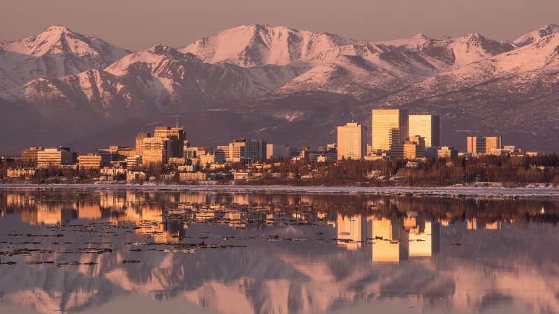 Skyline of Anchorage Alaska during low tide