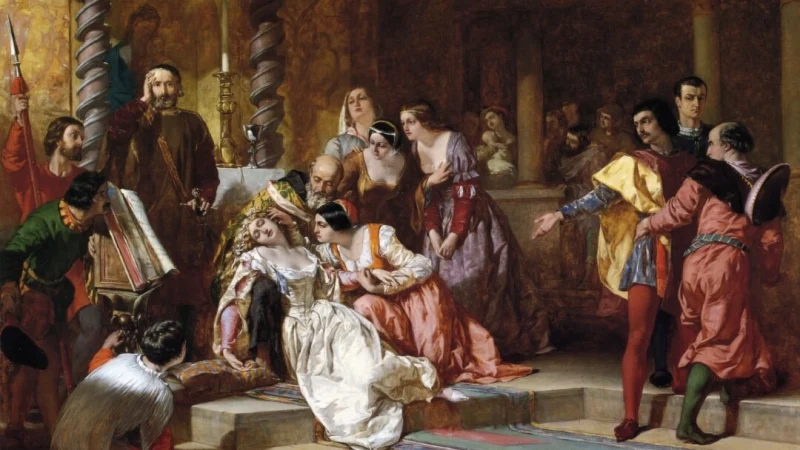 Изображение сцены в церкви в пьесе «Много шума из ничего», 1846 год, художник Альфред Элмор. Холст, масло. (Public Domain)