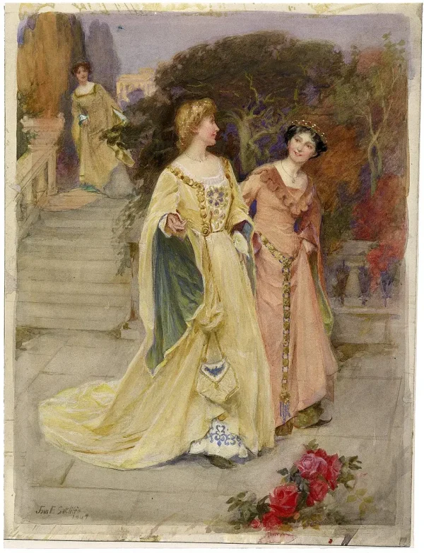 «Беатриче подслушивает Геро и Урсулу», 1904, Джон Сатклифф. Акварель. Библиотека Фолджера, Шекспир. (Thedarklady154 / CC BY-SA 4.0)