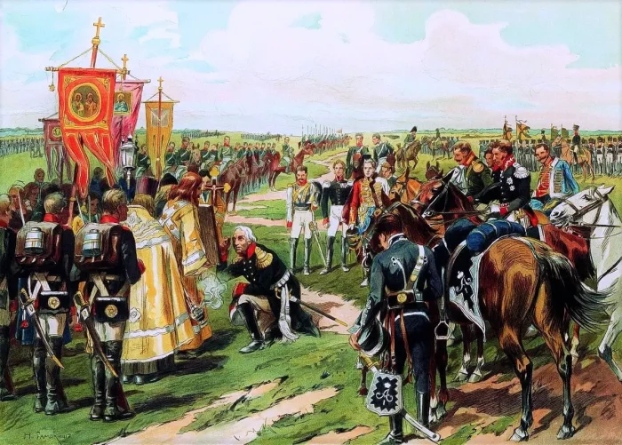 «Кутузов перед Бородинским сражением» Н. С. Самокиш (1912). (Public Domain) (Россия: цветная литография по оригинальному рисунку. Музей-панорама «Бородинская битва»)