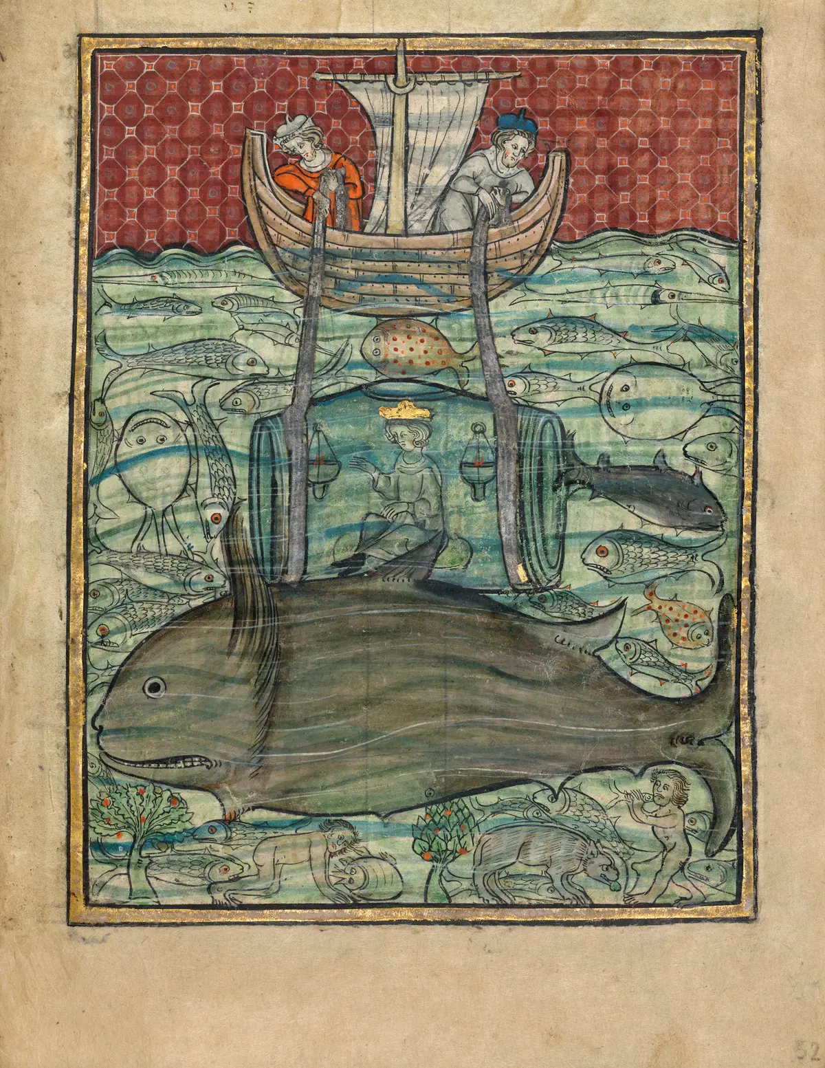 «Александр Великий под водой» из «Романа об Александре», около 1290–1300 гг., из Франции или Бельгии. Темперные краски, золото и серебро, чернила на пергаменте. Центр Гетти, Лос-Анджелес. (Getty Museum)