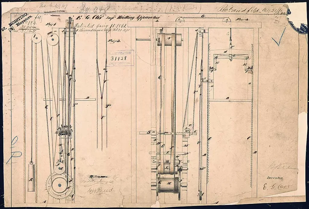 Патент на лифт Отиса, 1861 г. (Public Domain)