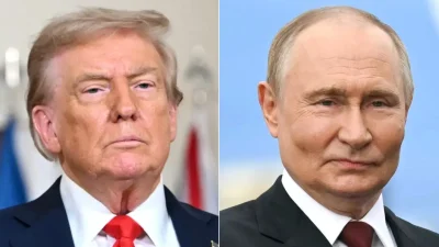 Дональд Трамп в Вашингтоне, 18 августа 2025 года. Владимир Путин в Анкоридже, Аляска, 15 августа 2025 года. (Andrew Caballero-Reynolds/AFP via Getty Images)