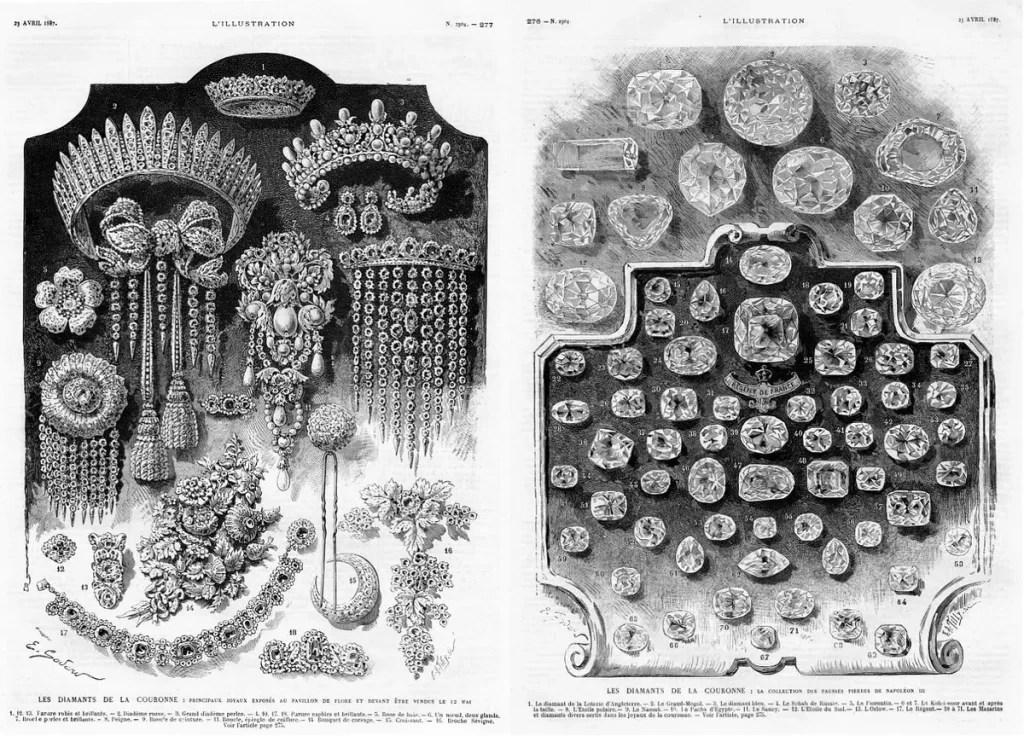 Страницы из каталога аукциона «Королевские драгоценности» 1887 года. (Public Domain)