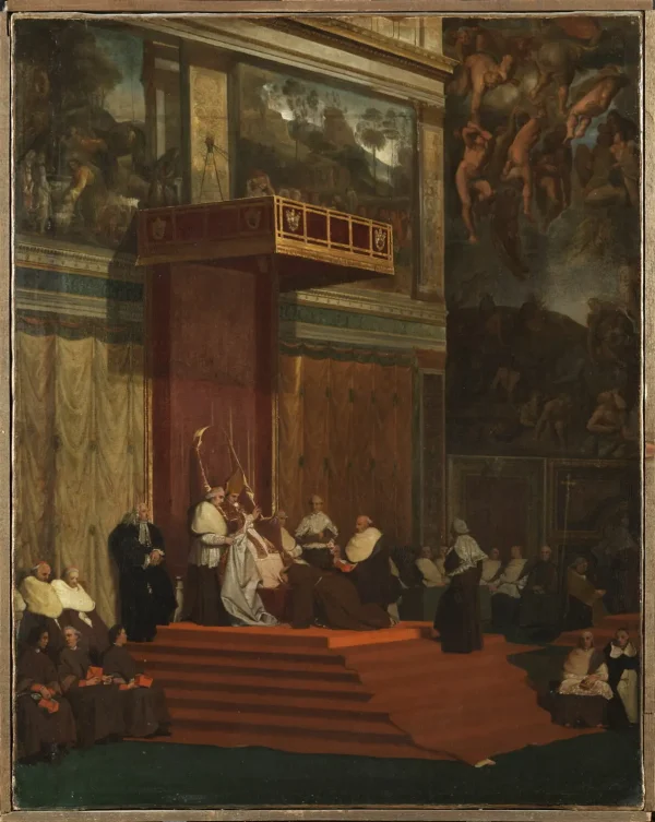 «Пий VII в Сикстинской капелле», 1800–1825, Жан-Огюст-Доминик Энгр. Холст, масло. В 1907 году безработная женщина по имени Валентина Контрель напала на картину с ножницами. Лувр, Париж. (Philippe Fuzeau/Louvre Museum)