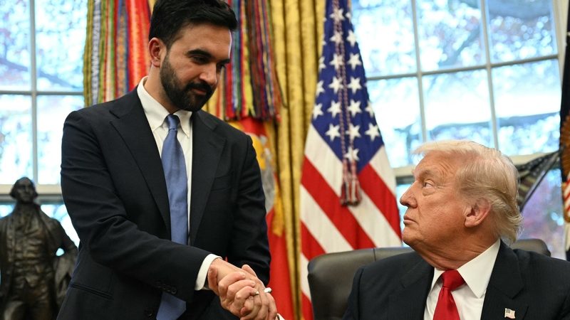 Президент США Дональд Трамп пожимает руку избранному мэру Нью-Йорка Зохрану Мамдани во время их встречи в Овальном кабинете Белого дома в Вашингтоне, 21 ноября 2025 года. (Jim Watson/AFP via Getty Images)