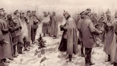 Британские и немецкие солдаты Первой мировой войны встречаются на нейтральной территории, чтобы отметить сезон мира и доброй воли. Фотография, опубликованная в Illustrated London News 9 января 1915 года, изображает рождественское перемирие 1914 года.