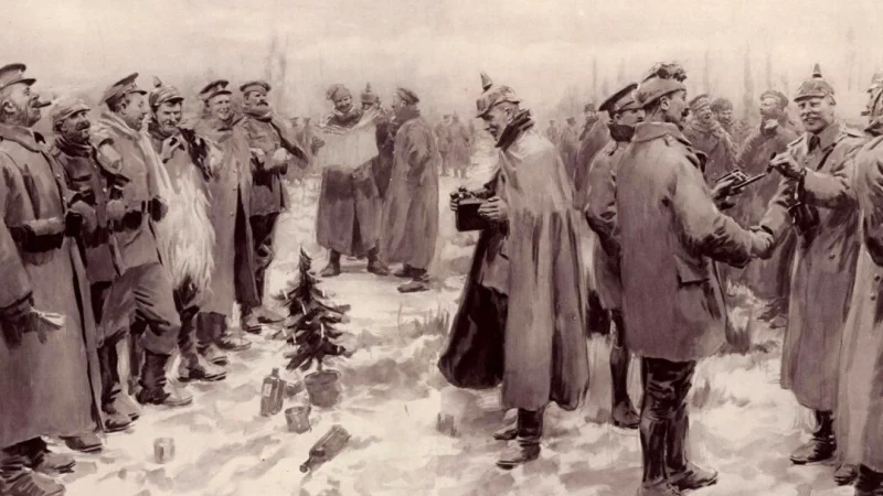 Британские и немецкие солдаты Первой мировой войны встречаются на нейтральной территории, чтобы отметить сезон мира и доброй воли. Фотография, опубликованная в Illustrated London News 9 января 1915 года, изображает рождественское перемирие 1914 года.