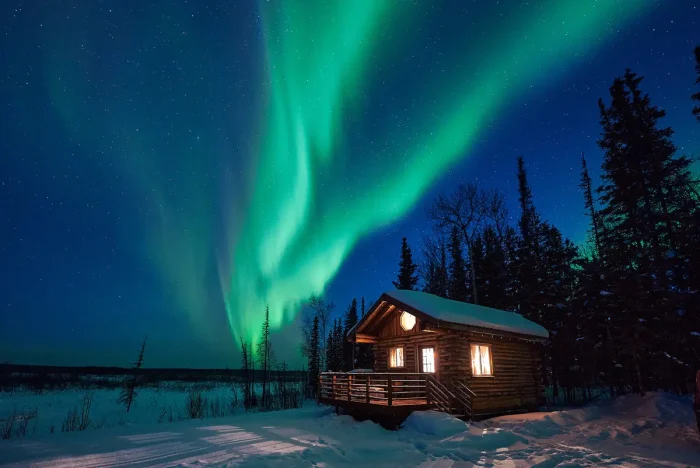 Полярное сияние над хижиной в лесу. (Kyle Ledeboer/Ascent Xmedia/Getty Images)
