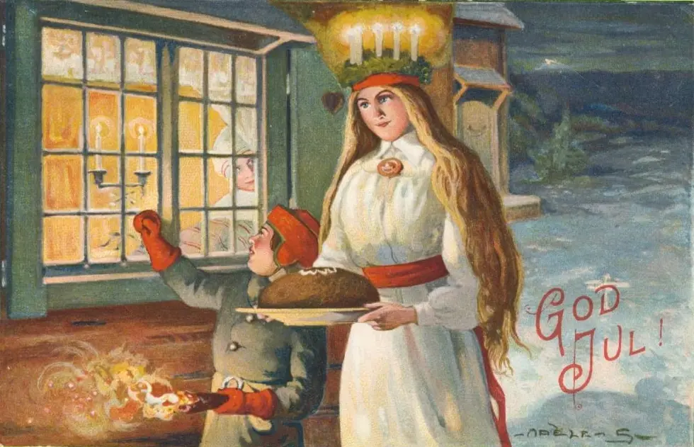 Иллюстрация Адель Содерберг, изображающая Святую Лючию, проходящую мимо детских домов 13 декабря. (Public Domain)
