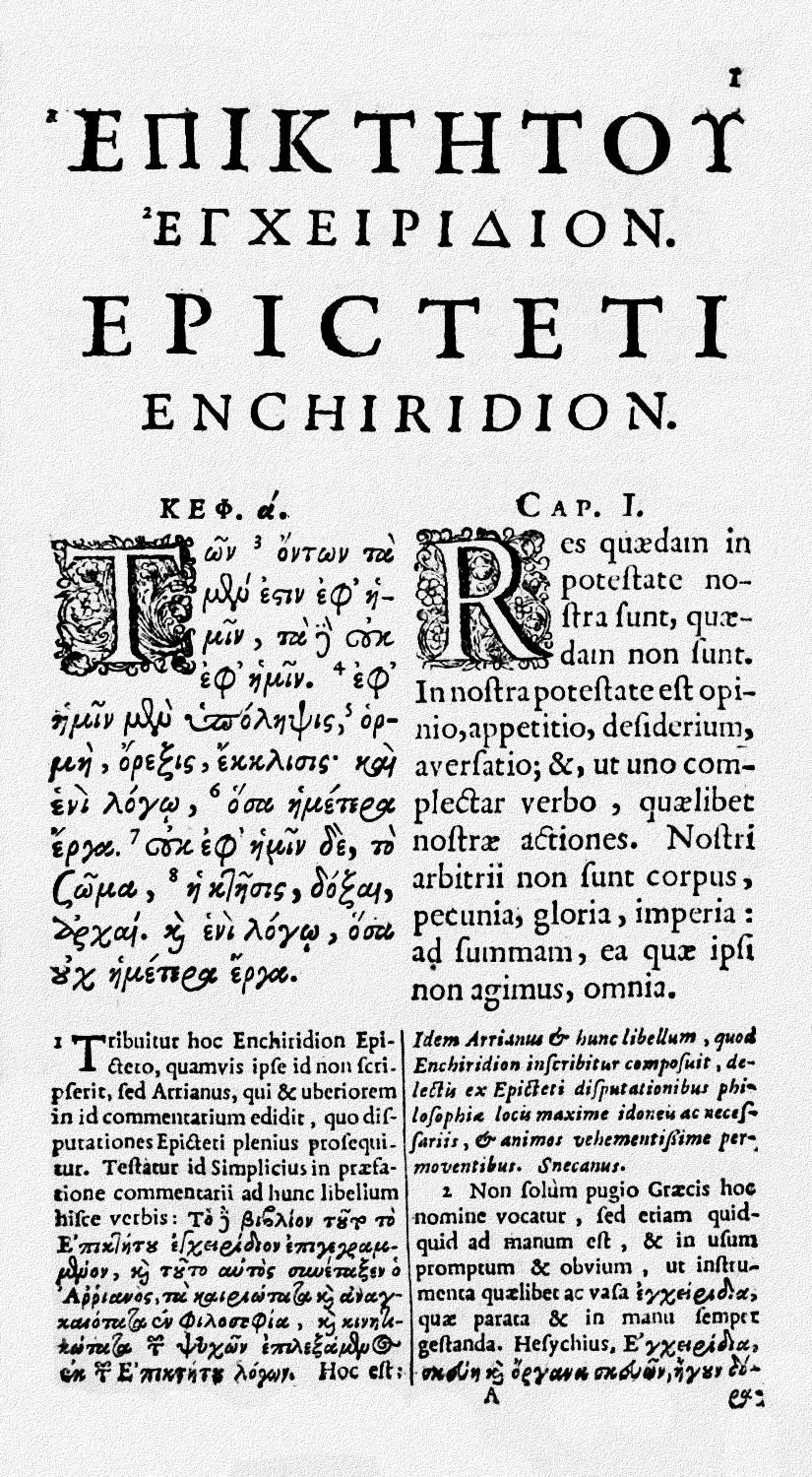 Первая страница «Справочника» Эпиктета из издания 1683 года на греческом и латинском языках, написанного Авраамом ван Беркелем. (Public Domain)