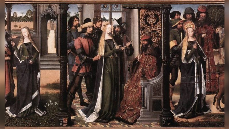 «Легенда о святой Лючии» в трёх сценах, расположенных рядом, 1480 год, работа Мастера легенды о святой Лючии. Брюгге. (Public Domain)