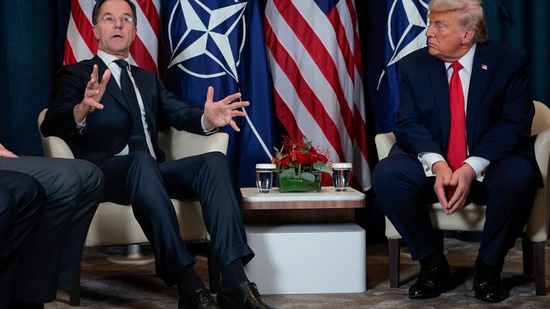 Президент США Дональд Трамп (справа) с генеральным секретарём НАТО Марком Рютте во время двусторонней встречи на полях ежегодного заседания Всемирного экономического форума (ВЭФ) 21 января 2026 года в Давосе, Швейцария. (Chip Somodevilla/Getty Images)
