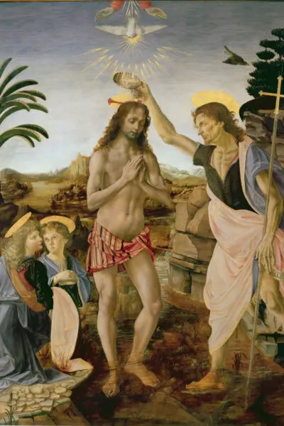 «Крещение Христа», 1472–1475 гг., Верроккьо. Галерея Уффици. Ангел Леонардо находится в крайнем левом углу. (Public Domain)