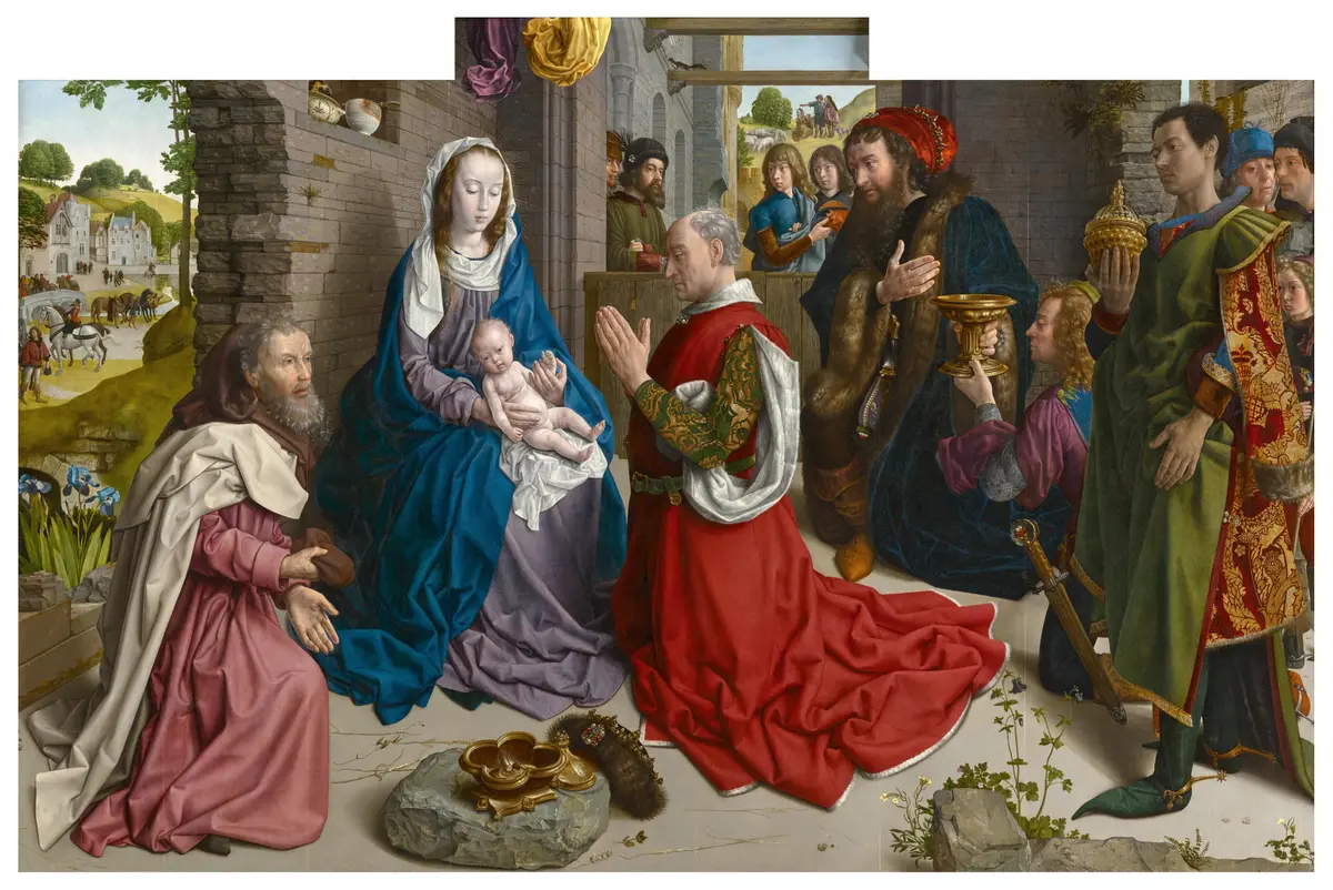 «Поклонение волхвов» («Алтарь Монфорте»), 1470–1475 гг., Хуго ван дер Гус. Масло на дубовой панели; 147×241 см. Картинная галерея, Берлинские государственные музеи. (Public Domain)