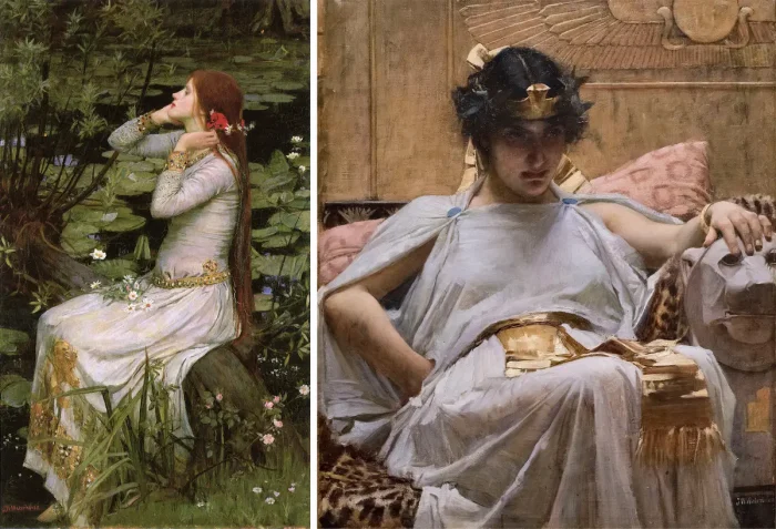 Слева) «Офелия», 1894 год, Джон Уильям Уотерхаус. (Справа) «Клеопатра», около 1887 года, Джон Уильям Уотерхаус. Масло, холст. Частная коллекция. (Public Domain)