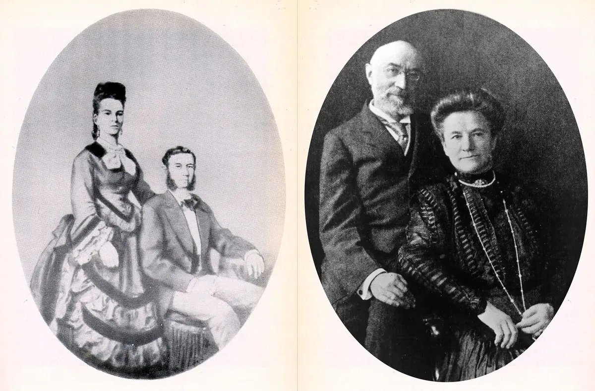 (Слева) Свадебная фотография Исидора Штрауса и Розали Иды Блан, 1871 год. (Справа) Семья Штраус до 1912 года. (Public Domain)