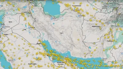 Кадр из видеозаписи на сайте Flightradar24, сделанной в 4:30 утра по местному времени 15 января 2026 года, показывает пустое воздушное пространство над Ираном. (flightradar24.com via Reuters/Screenshot via The Epoch Times)