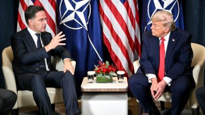 Президент США Дональд Трамп беседует с генеральным секретарём НАТО Марком Рютте во время двусторонней встречи на полях ежегодного Всемирного экономического форума (ВЭФ) в Давосе, 21 января 2026 года. (Mandel Ngan/AFP via Getty Images)