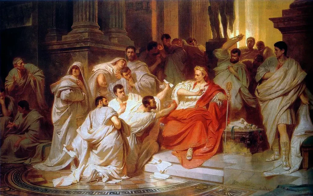 Картина «Убийство Цезаря», 1865 год, Карл Теодор фон Пилоти. Сенаторы окружают Цезаря и убивают его — интерпретация событий XIX века. (Public Domain)