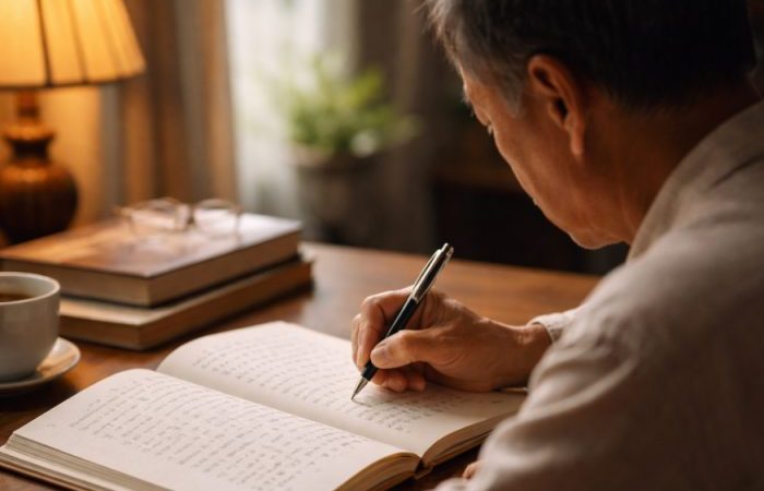 31 год преданности жены парализованному мужу и книга, которую он написал в знак благодарности Пожилой мужчина делает записи в блокноте, работа над книгой-благодарностью жене.