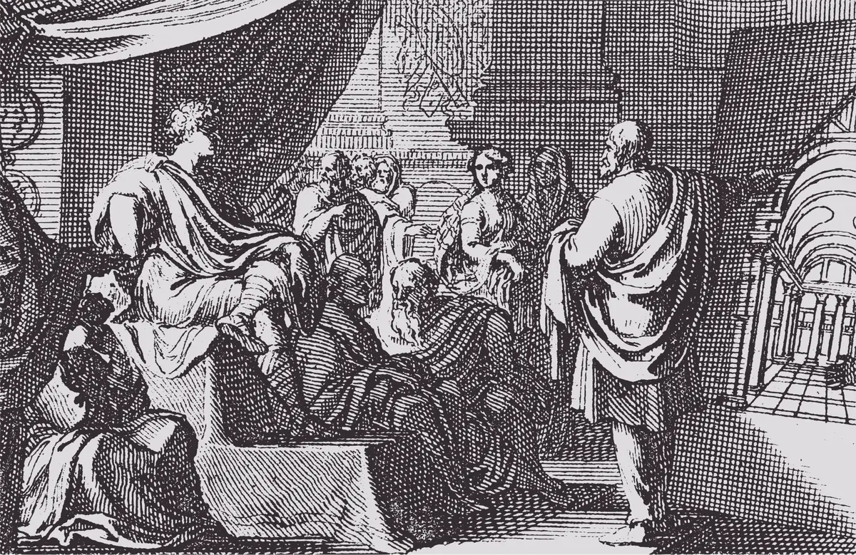 Историческая черно-белая гравюра, изображающая встречу античного архитектора и римского императора.