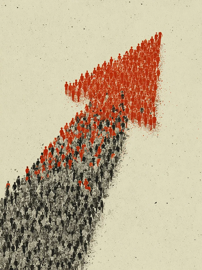 Толпа людей, образующая стрелку вверх, символизирующая рост движения