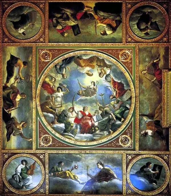 «Аллегория мира и искусств под английской короной» Фрагмент, 1638–1639 гг., Артемизия Джентилески; холст, масло, 891×1070 см. Мальборо-Хаус, Лондон. (Public Domain)