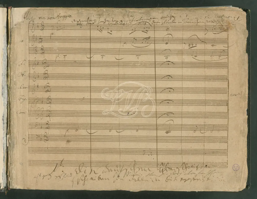 Первая страница подписанной Бетховеном Шестой симфонии 1808 года, хранящаяся в Доме Бетховена в Бонне, Германия.