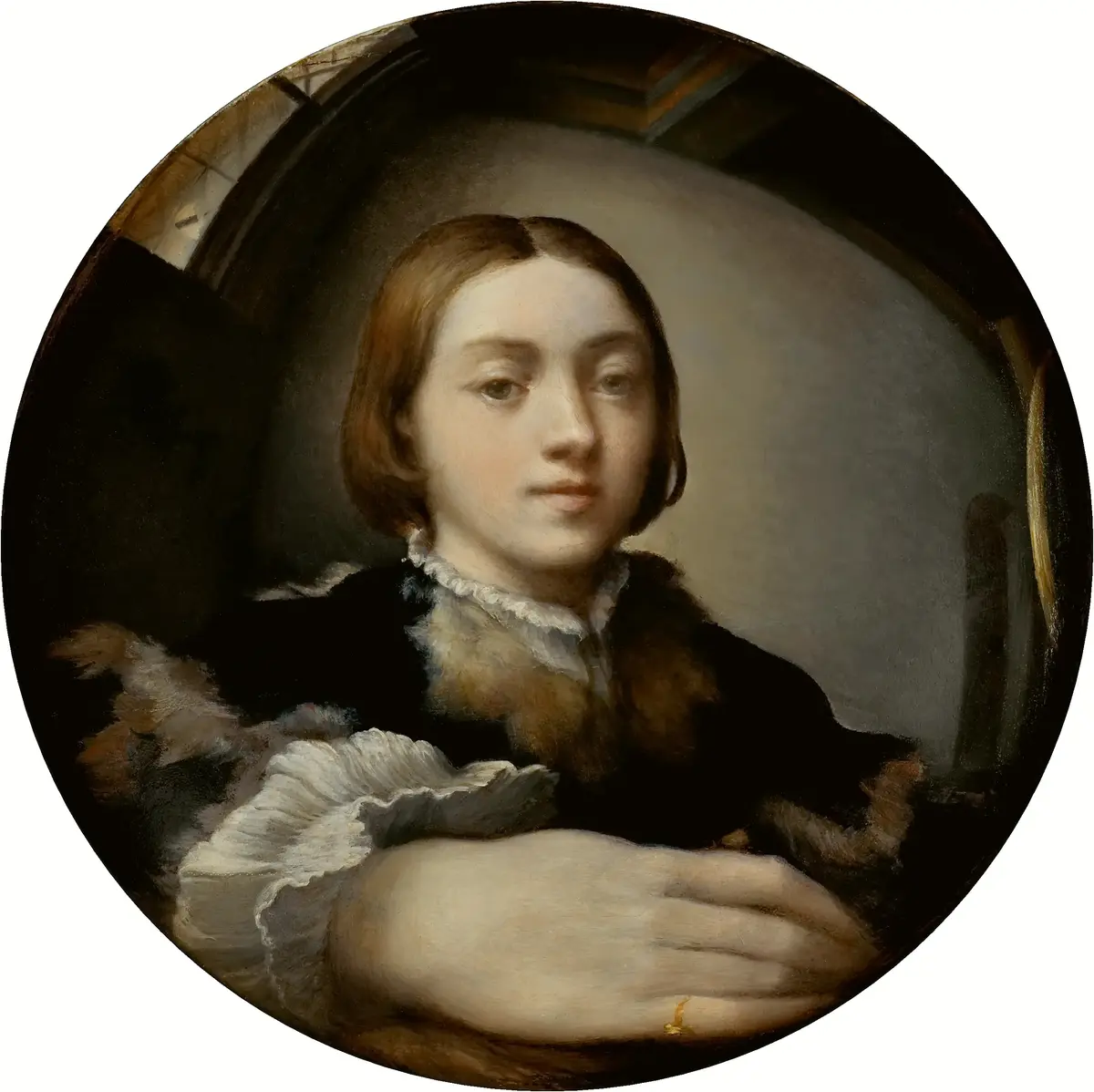 «Автопортрет в выпуклом зеркале», ок. 1523–1524 гг., Пармиджанино. Масло, дерево; диаметр 24,4 см. Музей истории искусств, Вена, Австрия.