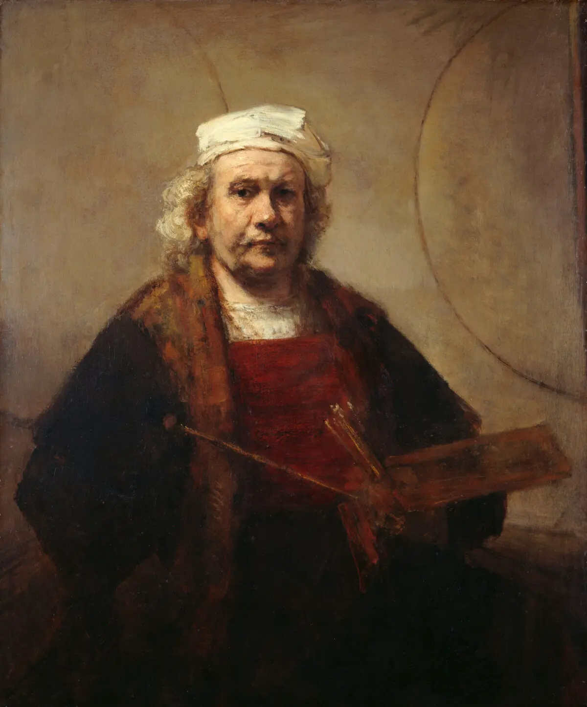 «Автопортрет с двумя кругами», 1665–1669 гг., Рембрандт. Холст, масло; 114,3 см × 94 см. Кенвуд-хаус, Лондон.