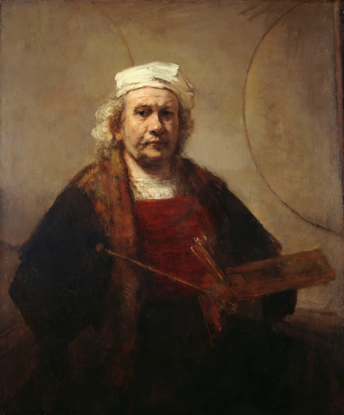 «Автопортрет с двумя кругами», 1665–1669 гг., Рембрандт. Масло, холст; 114,3 × 94 см. Кенвуд-хаус, Лондон.