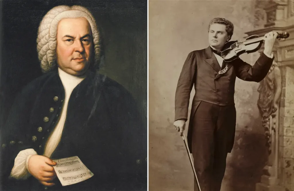 Портрет Иоганна Себастьяна Баха работы Элиаса Готтлоба Хауссмана, 1748 год. и фотопортрет немецкого скрипача Августа Вильгельма, около 1879 года.