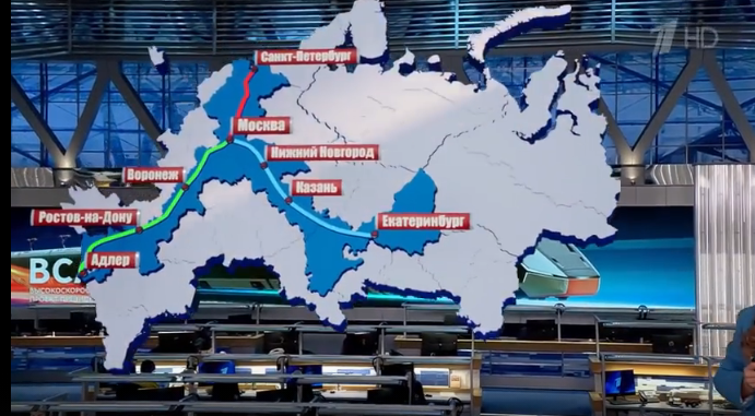 Схема планируемых высокоскоростных железнодорожных магистралей (ВСМ) в России с указанием ключевых городов: Санкт-Петербург, Москва, Казань, Екатеринбург, Адлер и Минск.