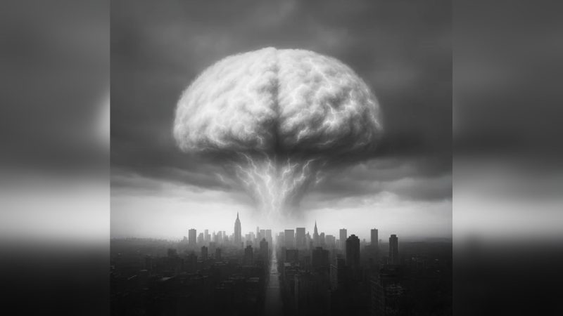 Взрыв в форме мозга над городом как символ p-doom