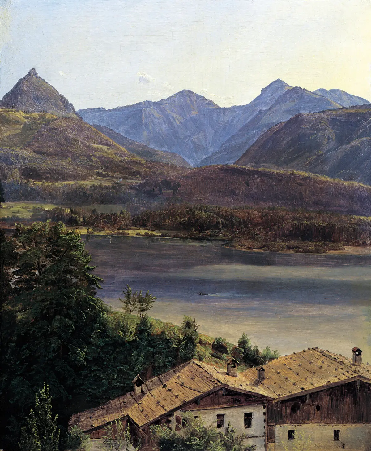 «Озеро Вольфганг», 1835 год, Фердинанд Георг Вальдмюллер. Масло на дереве; 31,5 см на 26 см. Галлерея Бельведер, Вена.