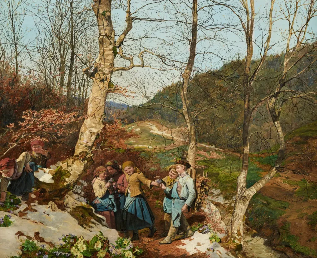 «Ранняя весна в Винервальде, сборщицы фиалок в Винервальде», 1861 год, Фердинанд Георг Вальдмюллер. Масло на дереве; 54 см на 68 см. Галлерея Бельведер, Вена.