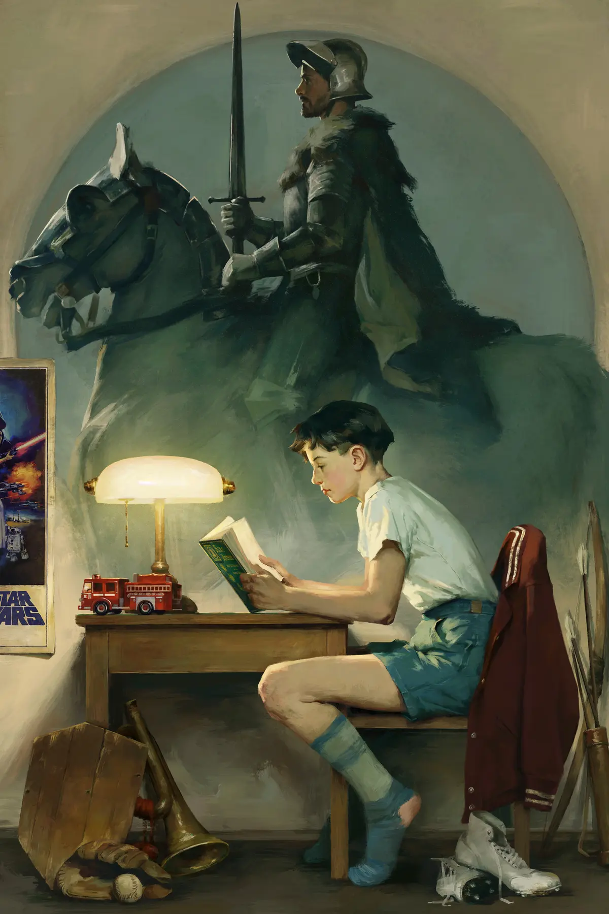 Мальчик читает книгу за столом на фоне образа рыцаря